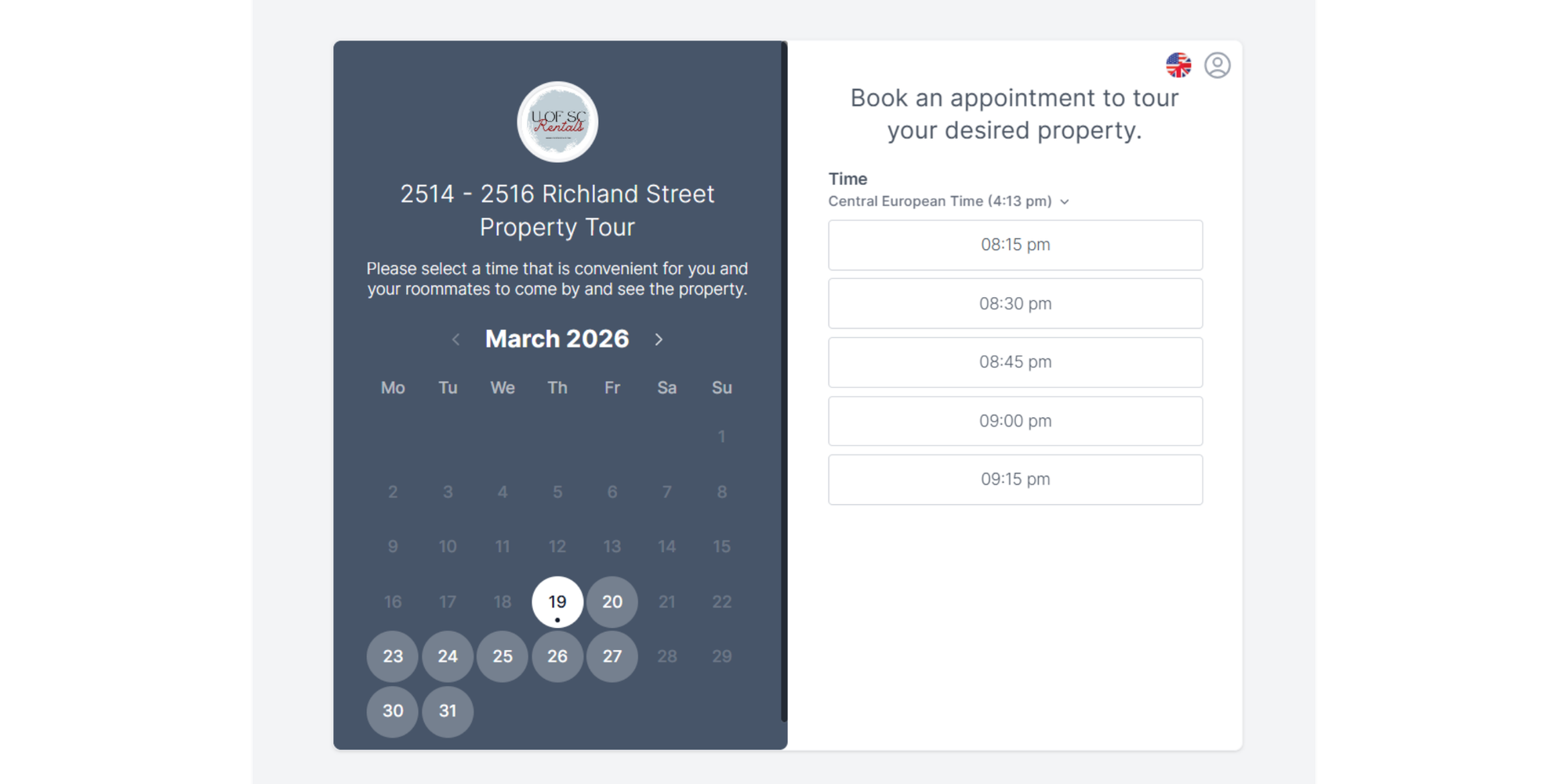Formulario de reservas de UofSCRentals de Koalendar